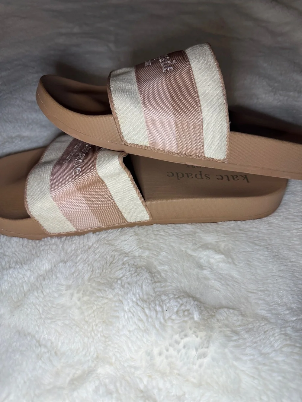 kate spade Pink and Cream Logo Slide Sandals